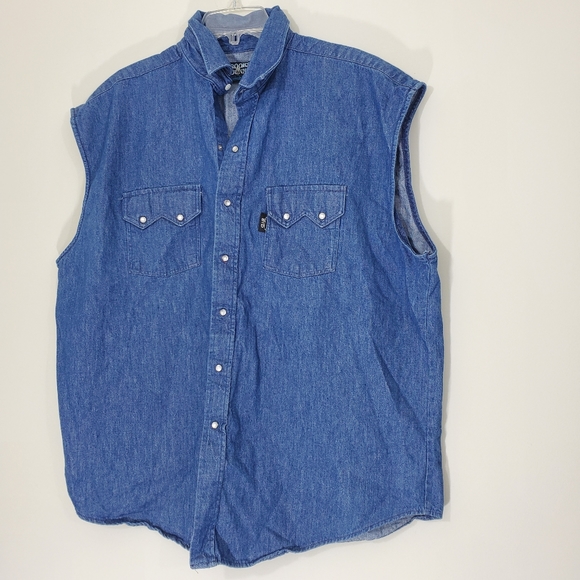 Vintage Brooks and Dunn Sleeveless Cotton Blue Jean Shirt, Size XL - Picture 1 of 10